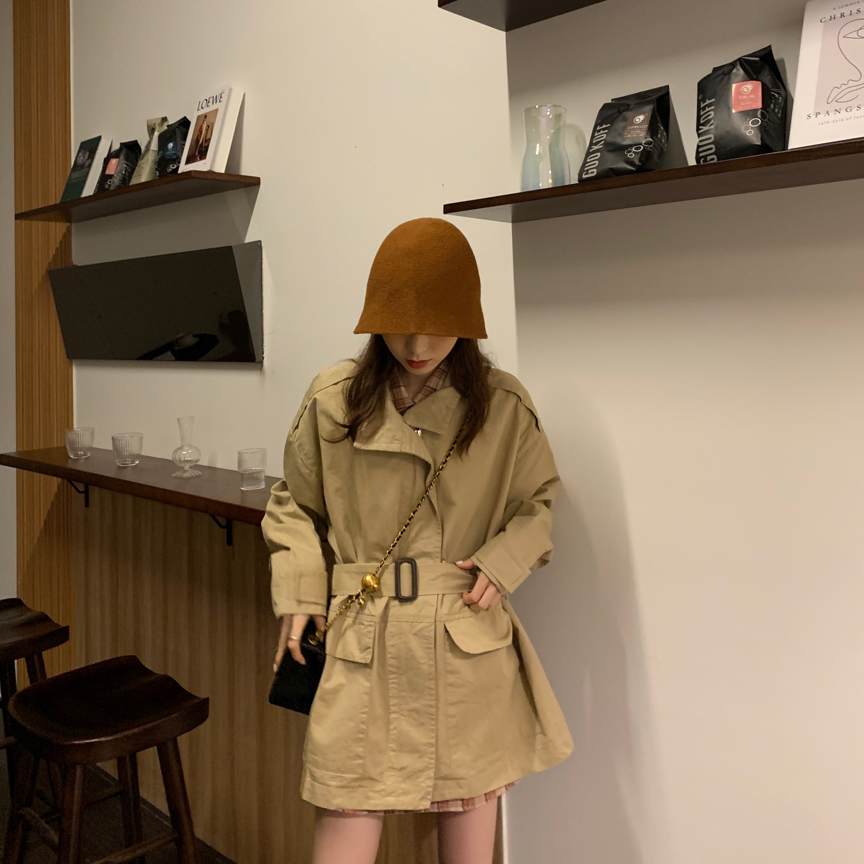 Korean mid long standing collar and lace up windbreaker