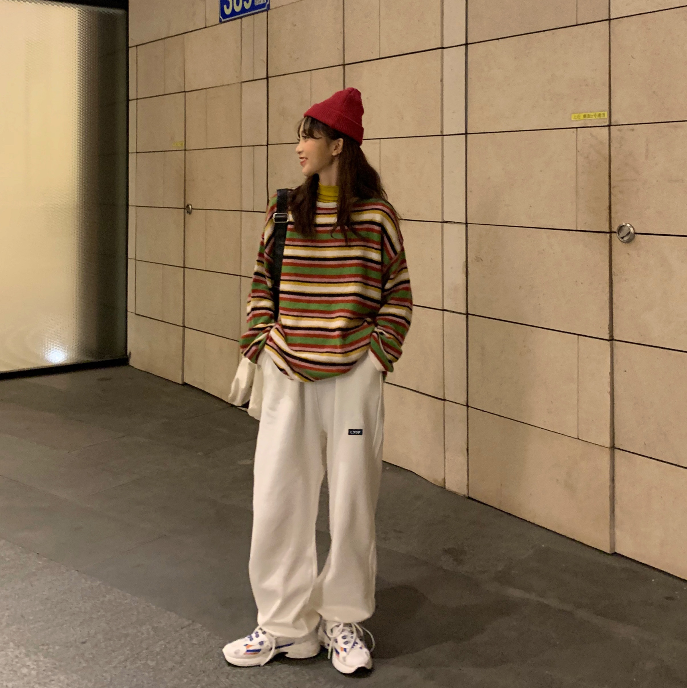 Loose colored striped sweater + drawstring pant suit