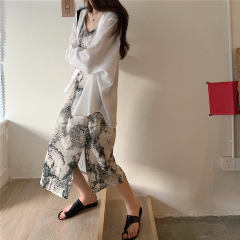 Real price real shot ink painting suspender dress + double pocket sunscreen shirt suit