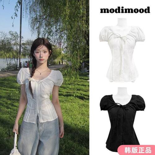 徐梦洁同款韩国modimood泡泡袖蝴蝶结系带法式衬衫甜美少女短袖