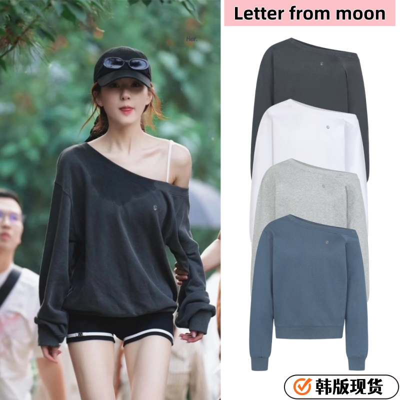 赵露思同款现货韩国Letter from moon小标斜肩不对称卫衣不加绒