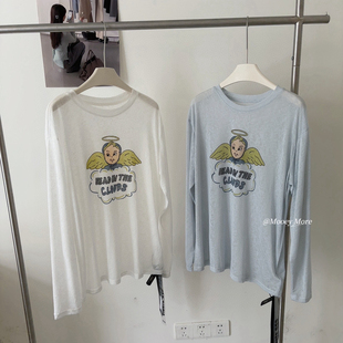 复古天使印花宽松长袖 T恤女7602 美式 十三行2026夏上新韩系防晒衫