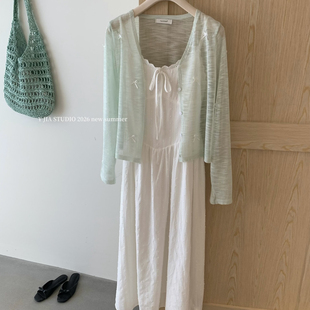 巧巧东大门夏季薄荷绿色针织开衫+收腰显瘦a字吊带连衣裙套装5569