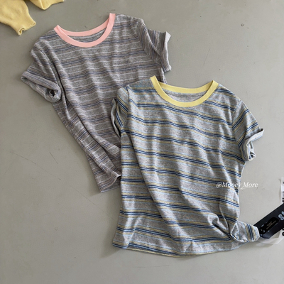 巧巧东大门韩国2026夏上新撞色领口横条纹宽松休闲短袖T恤女7623