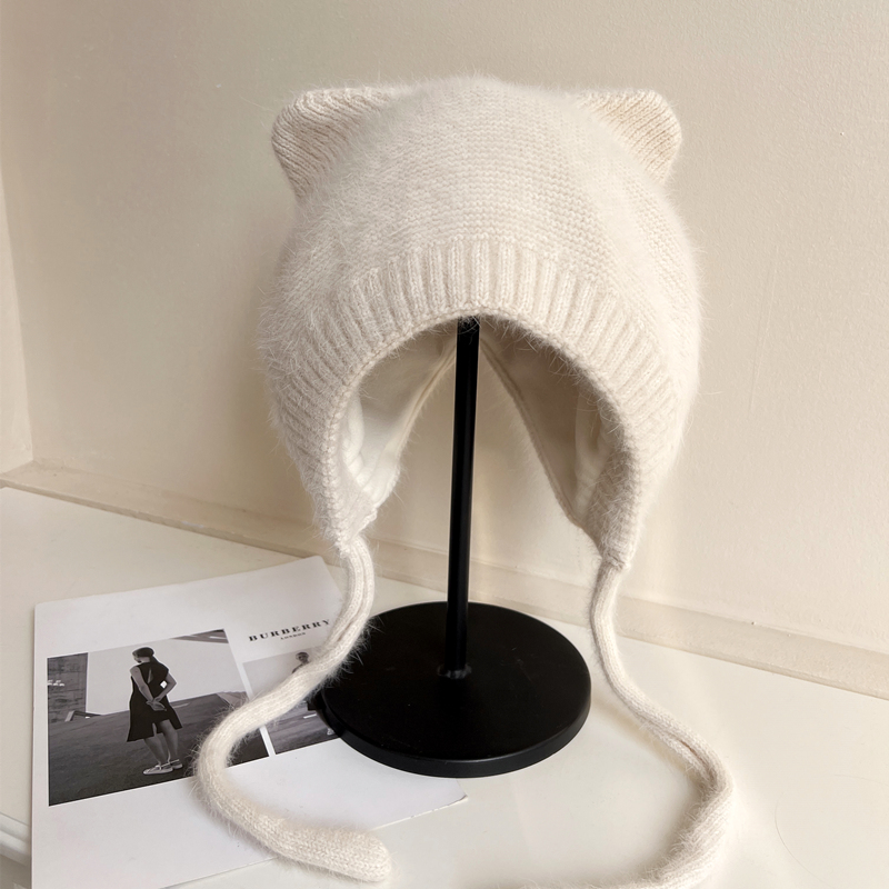 韩版兔毛加绒保暖可爱毛线帽冬季