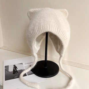 甜美猫耳朵加绒兔毛帽子女韩版2025冬季防寒针织毛线帽保暖雷锋帽