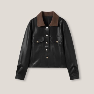 螺纹领翻领宽松休闲长袖 皮外套上衣ss26326 13H