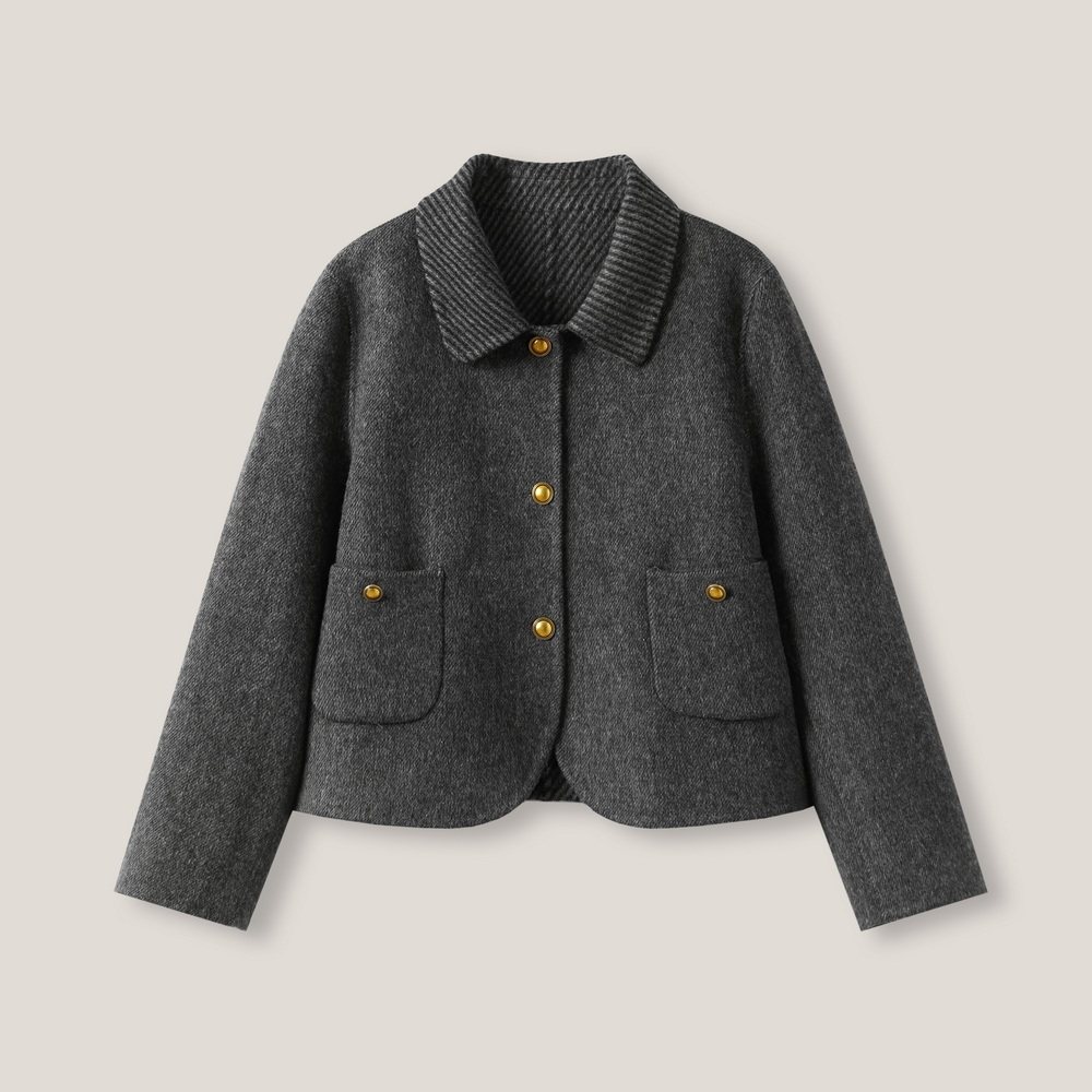 12-9F  金属扣休闲百搭翻领双面毛呢长袖外套ss26511