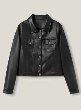 3-12H B  时尚气质纯色翻领单排金属扣长袖皮外套SS26386