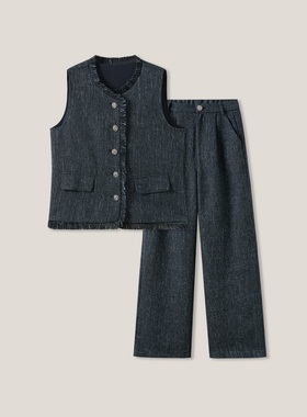 12-24H  B  小香风百搭纯色毛边金属扣马甲+长裤套装 ss26322