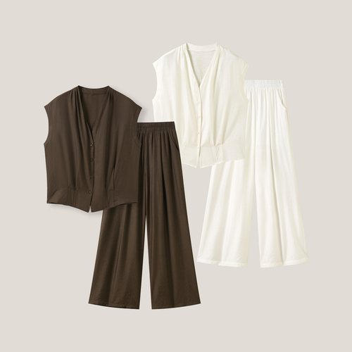 4.10F B 复古风休闲百搭纯色衬衫+松紧腰长裤两件套SS26307