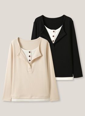 3-5F  C ”假期秘籍”韩系设计感假两件休闲宽松T恤SS26346