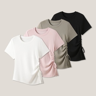侧边褶皱抽绳收腰简约休闲百搭圆领短袖 T恤SS28017 19F