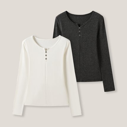 1-17F  B  精致感水滴领纽扣修身打底长袖T恤SS26345