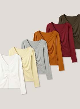 1-14F B  V领不规则长袖休闲百搭T恤打底衫ss26310