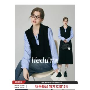 裂渡微胖大码女装【情话】轻熟简约衬衫拼接翻领假两件卫衣连衣裙