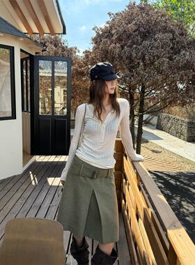 马儿MAR 秋冬新款覆古小众人字纹毛呢半身裙女高腰显瘦A字裙短裙