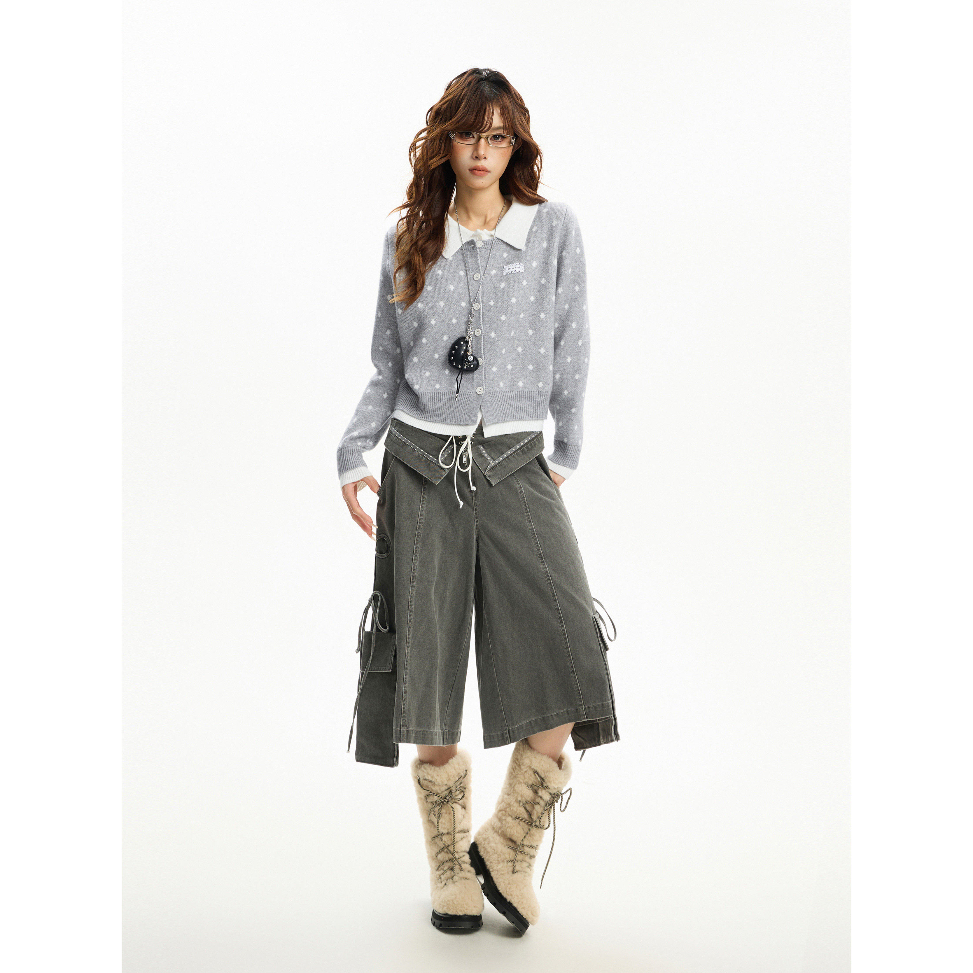 美式灰色正肩polo领假两件毛衣开衫外套女秋冬修身显瘦针织衫上衣