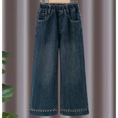 女童牛仔裤秋冬新款儿童洋气加绒阔腿裤中大童冬季直筒裤女孩长裤