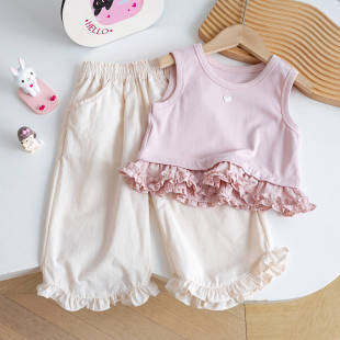 女宝新款 甜美花边阔腿裤 可爱吊带衫 裙T 两件套 洋气无袖 韩国春夏装