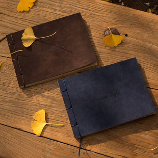 中国风复古横版笔记本皮革手工绑线本牛皮空白内页涂鸦钢笔速写本