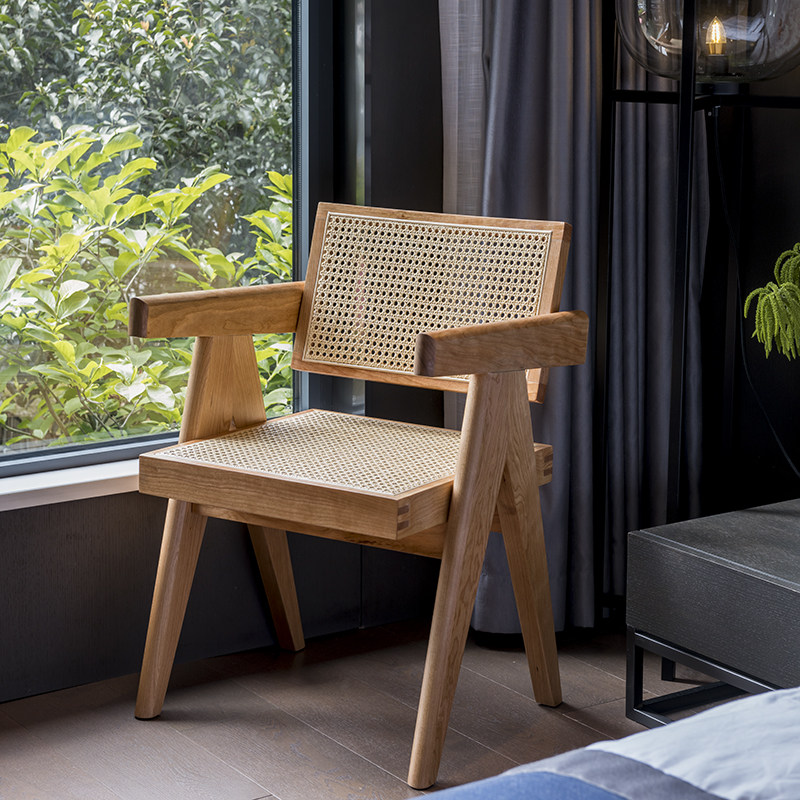 qingwood樱桃木藤编侘寂中古vintage大师设计昌迪加尔扶手餐椅