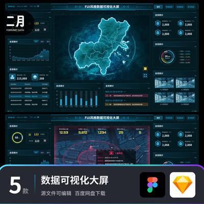 可视化大屏智慧灾情监测驾驶舱UI设计模版分层源文件figma+sketch