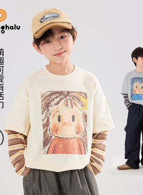 布丁哈鲁春装男童童装上衣2026春夏季新款儿童童趣印花假两件T恤