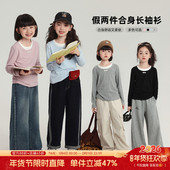 2026春秋新款 布丁哈鲁秋装 女童圆领长袖 儿童纯色假两件T恤