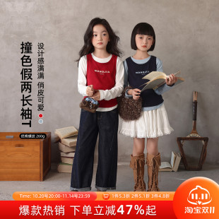 儿童假两件字母T恤 女童百搭上衣2025春秋新款 布丁哈鲁童装 秋装