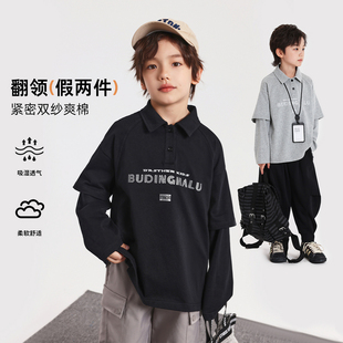 布丁哈鲁童装 秋装 男童假两件上衣2025春秋新款 儿童翻领印花POLO衫