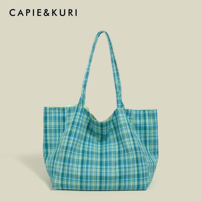 【天锚国际】覆古慵懒风黄格纹帆布袋女大容量双面背上课通勤单肩,箱包皮具/热销女包/男包,托特包,淘宝优惠券,粉丝福利购,淘宝优惠卷