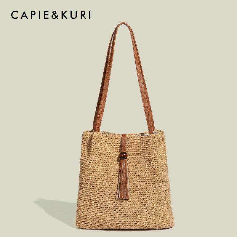 【天锚国际】文艺覆古吊珠毛线编织水桶包女士大容量百搭休闲单肩,箱包皮具/热销女包/男包,水桶包,淘宝优惠券,粉丝福利购,淘宝优惠卷