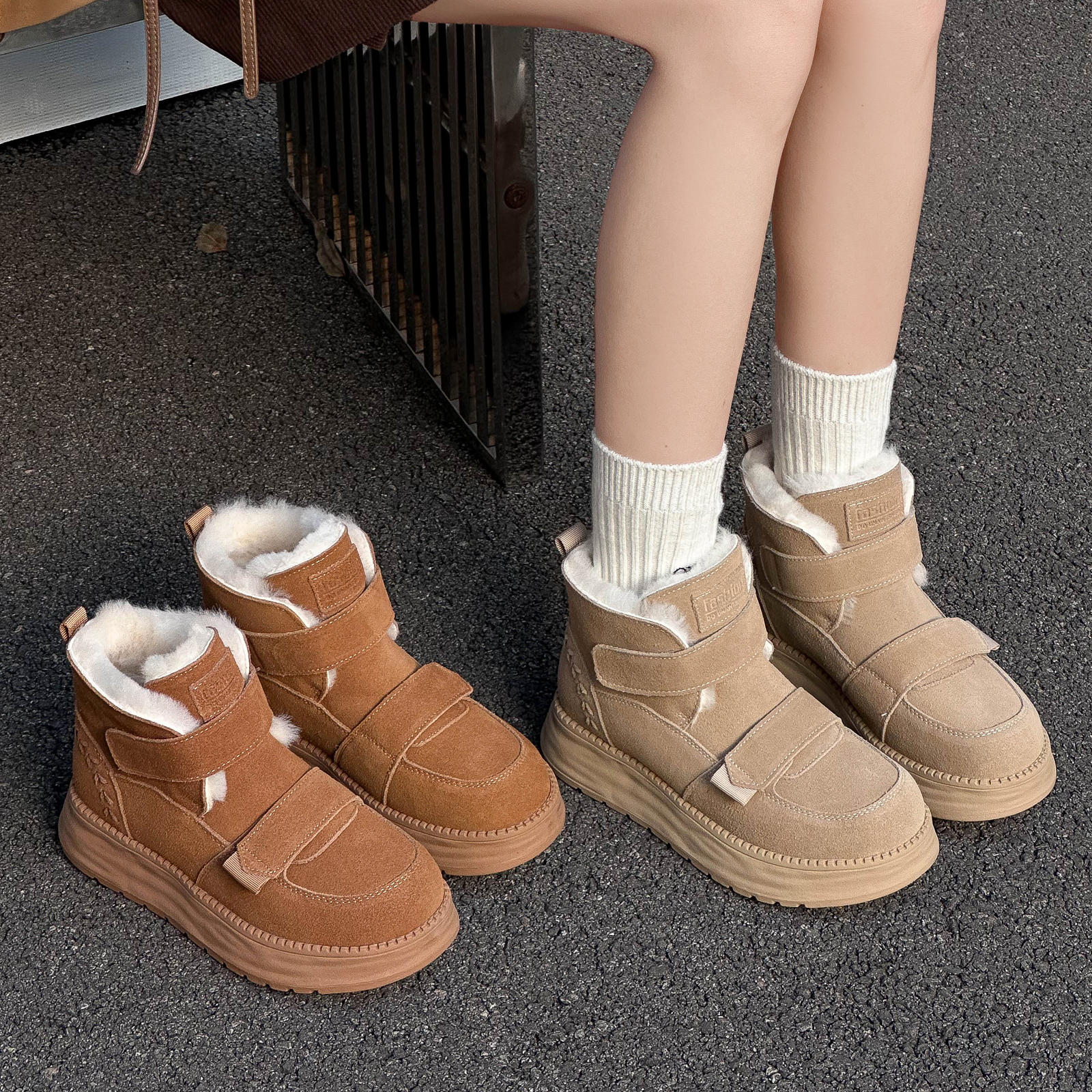 实体同款！厚底雪地靴女2025冬季新款牛反绒加绒保暖魔术贴短靴