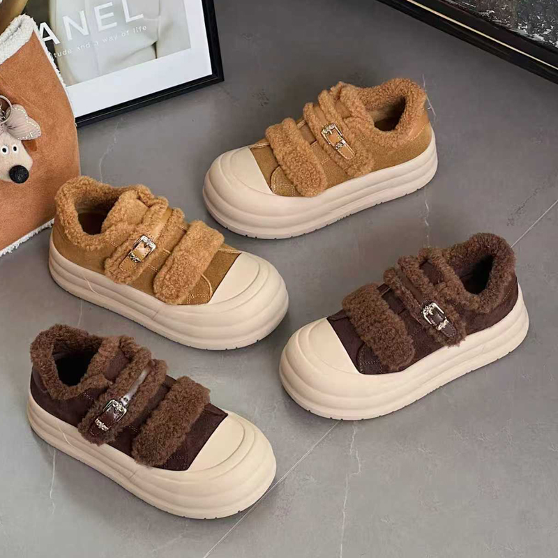 实体同款！2025冬款厚底板鞋复古休闲鞋魔术贴加绒保暖鞋面包鞋