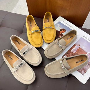 实体同款！2026春季新品韩版反绒皮乐福鞋女金属扣豆豆鞋软底舒适