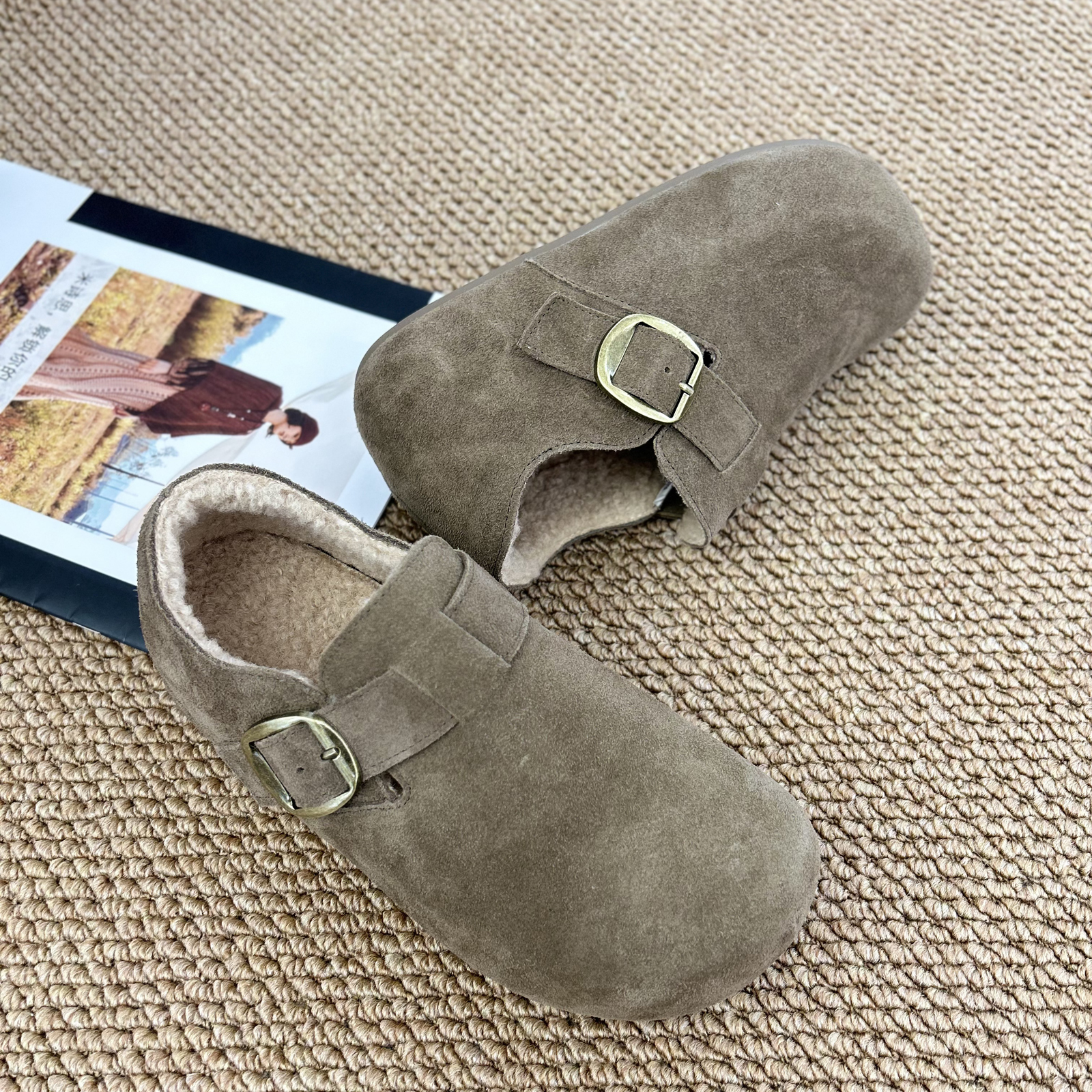 实体同款！2025冬款加绒勃肯鞋复古休闲鞋磨砂皮魔术贴平底保暖鞋