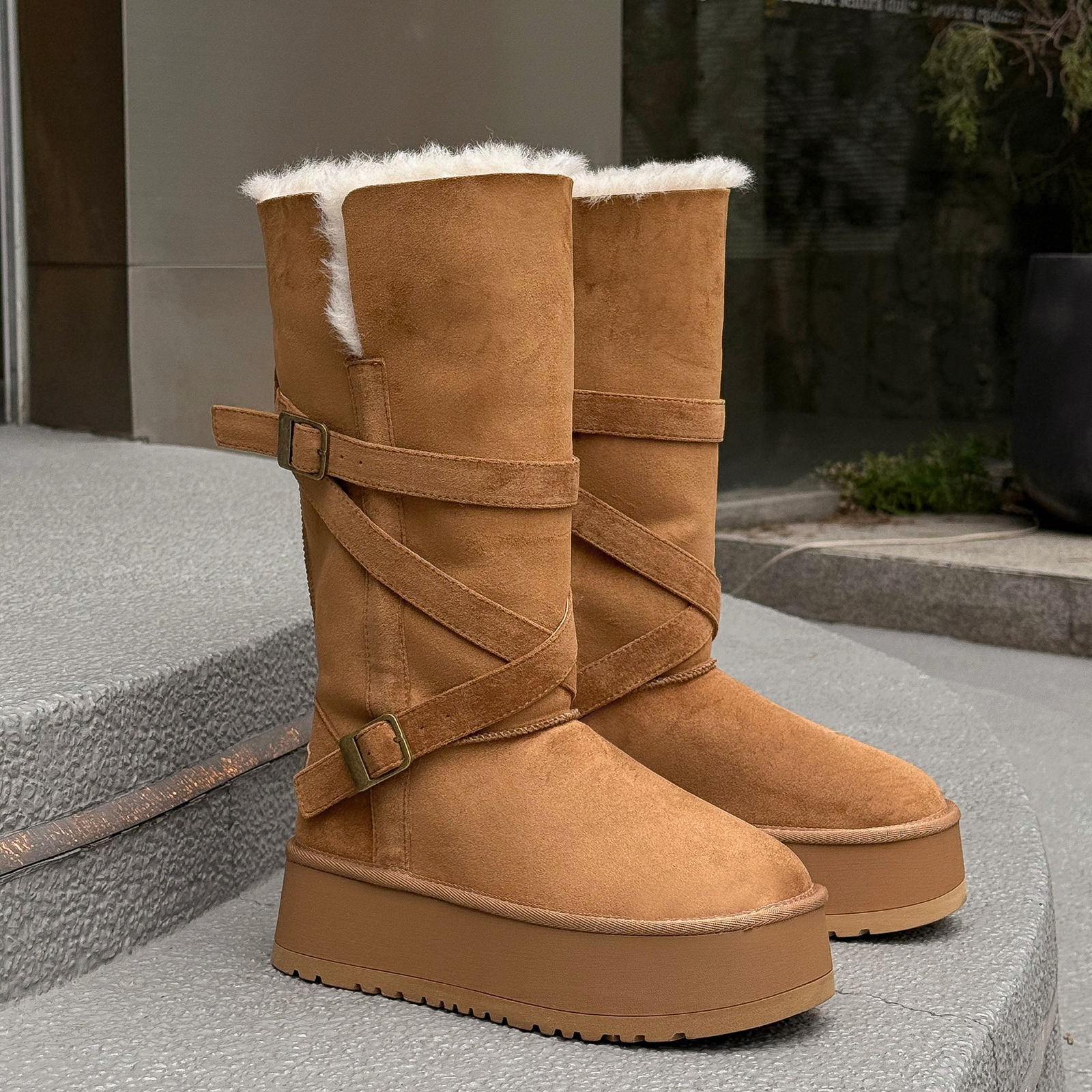 实体同款！2025新款厚底雪地靴女冬翻边加绒保暖防滑两穿中筒靴