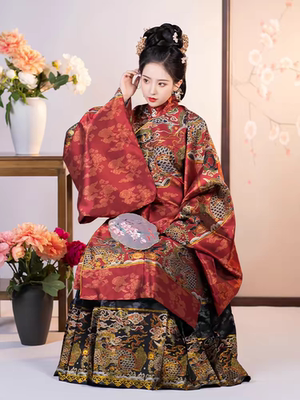 原创喜娘中式汉服女明制立领斜襟长袄织金妆花拜年情侣服婚服秋冬