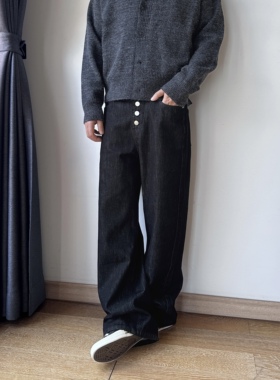 17DUP 美式复古原牛黑牛仔裤男女做旧A字版型五连扣阔腿直筒裤