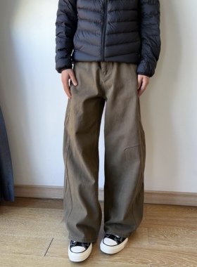 17DUP 美式复古解构设计感水洗休闲裤男女宽松休闲褶皱直筒弯刀裤