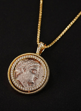 超级稀少光明之神阿波罗古币吊坠18k厚金钻石翻转高品质古币吊坠