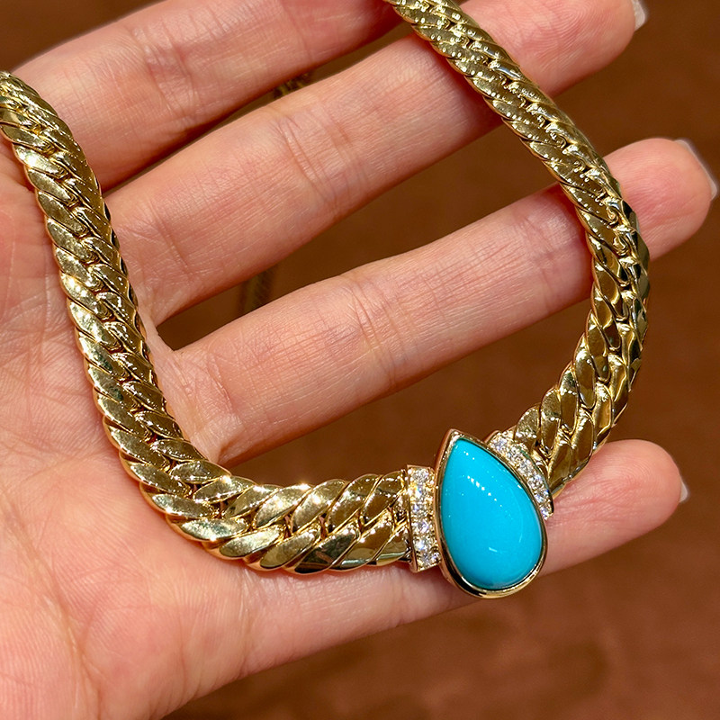 有生珠宝天然原矿睡美人绿松石水滴项链18k厚金绿松石钻石一体链