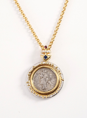 有生珠宝古希腊可翻转酒神古币项链18k金船锚设计双色金项链