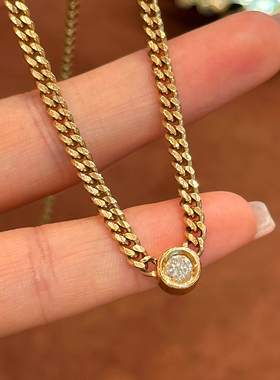 有生珠宝高级精美vintage钻石项链18k厚金古巴链天然钻石颈链