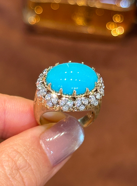 有生珠宝美国原矿睡美人绿松石戒指18k厚金拉丝复古钻石设计戒指