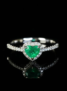有生珠宝 天然哥伦比亚产地祖母绿爱心戒指围钻铂金vvg戒指