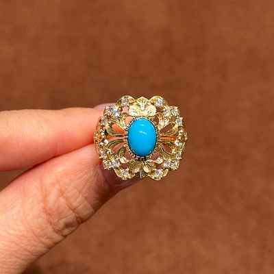 有生珠宝天然原矿睡美人绿松石戒指18k厚金复古拉丝天然钻石戒指