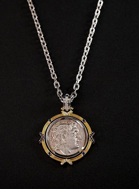 收藏级精品色雷斯亚历山大公羊角古币18k厚金蓝宝石男女通用吊坠