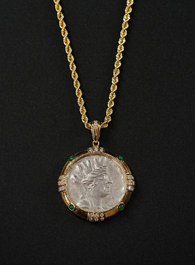 有钱又有颜古希腊财富女神银币吊坠项链18k金祖母绿点缀招财吊坠